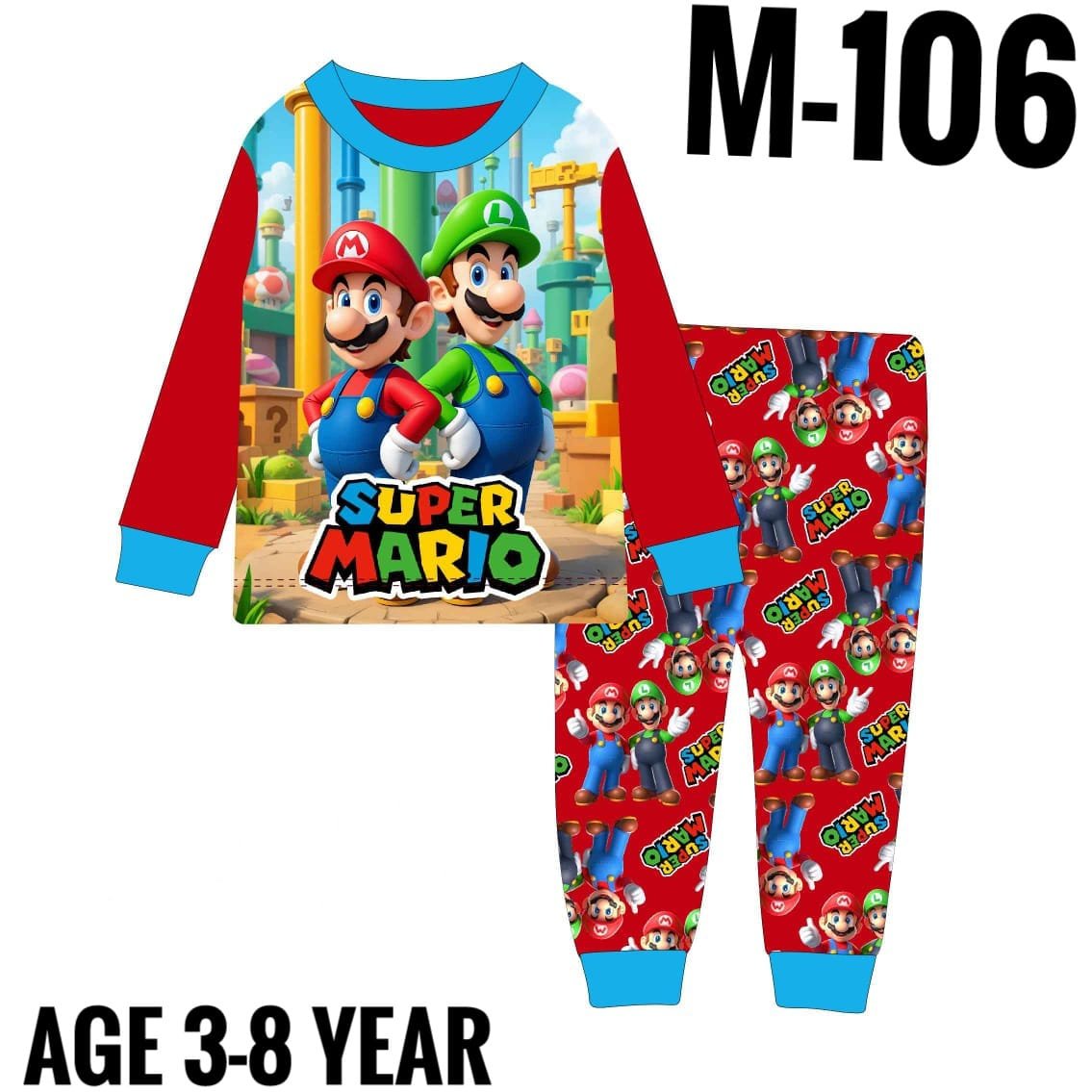 M-106 RED SLEEVED SUPER MARIO AGE 7 PYJAMAS