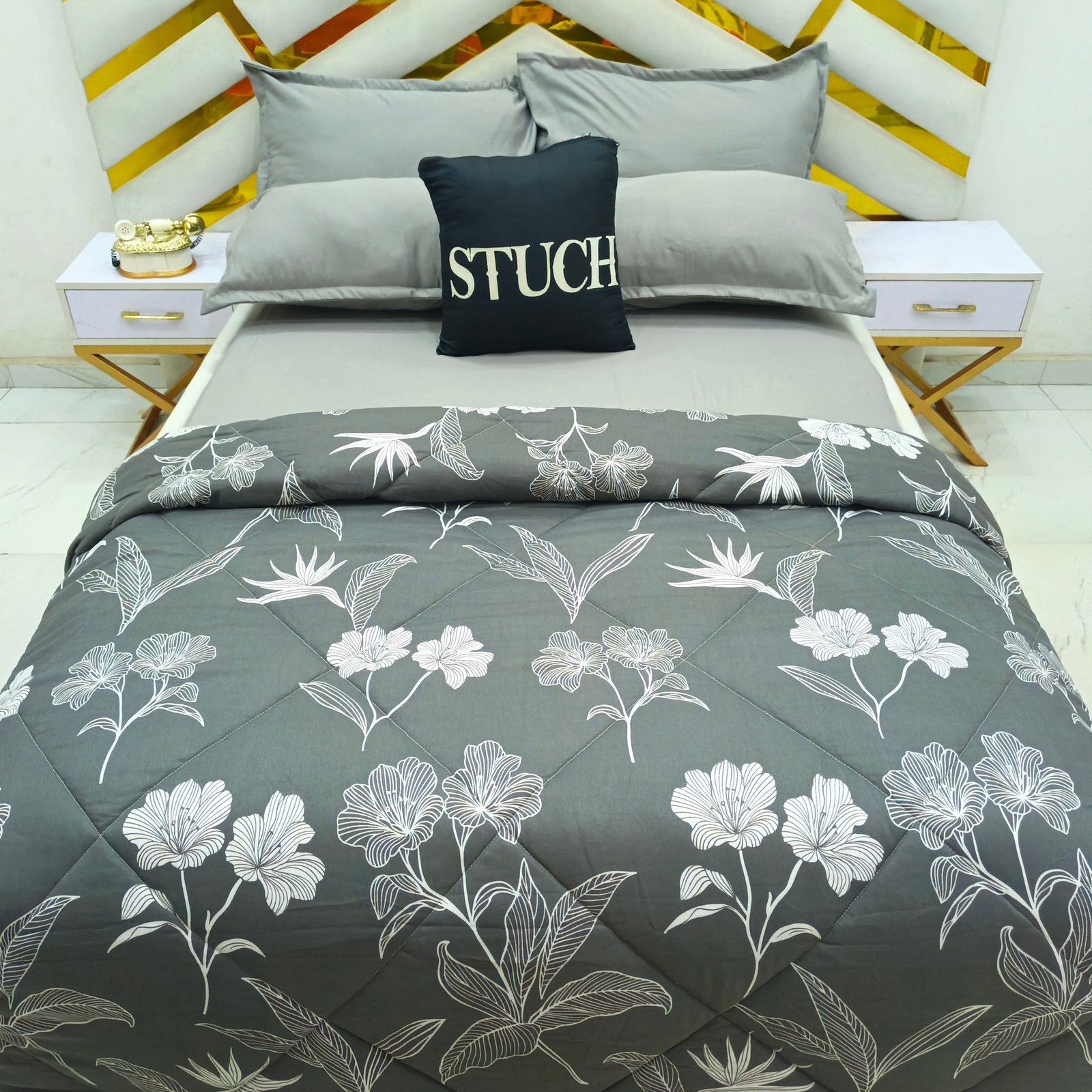 COMBINED PLAIN ASH AND GRAY FLOWER DUVET SET (PLAIN BEDSHEET)