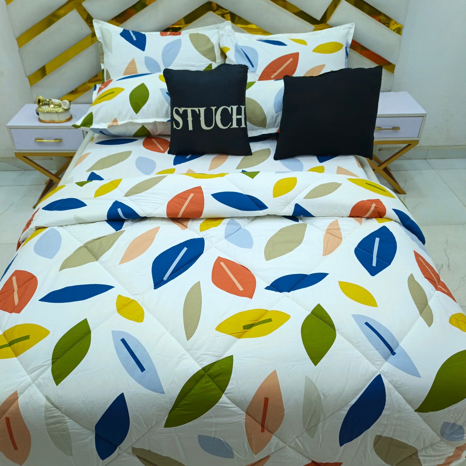 100% EGYPTIAN COTTON COLOR LEAF 7/7 BEDSHEET WITH FOUR PILLOWCASES AND DUVET COVER(NO FIBER INSIDE)