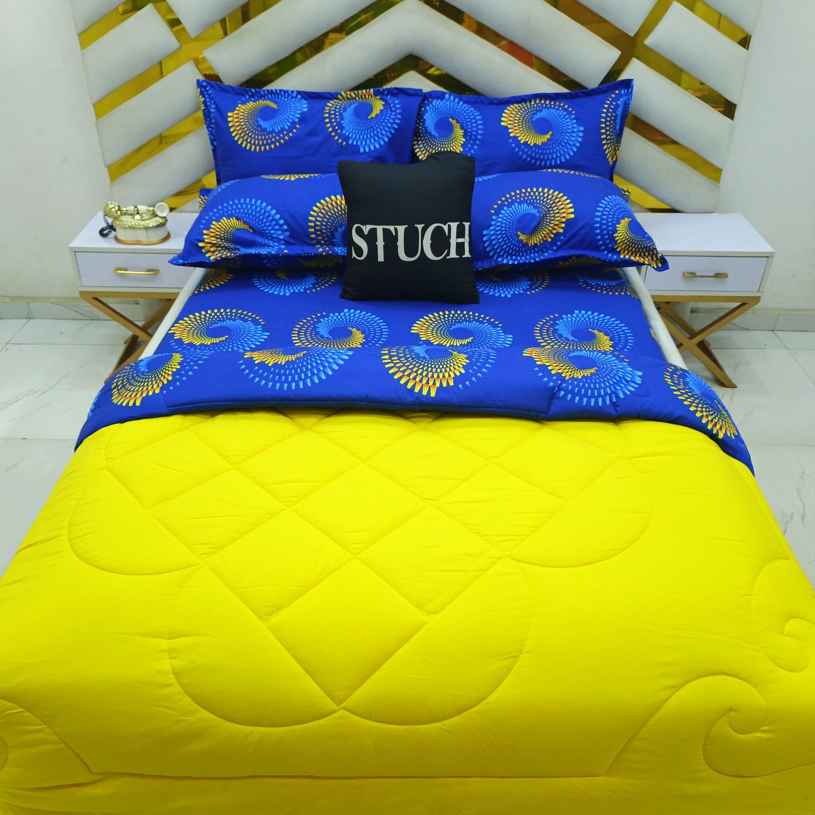 COMBINED YELLOW WITH ROYAL BLUE SWIRL 7/7 DUVET SET
