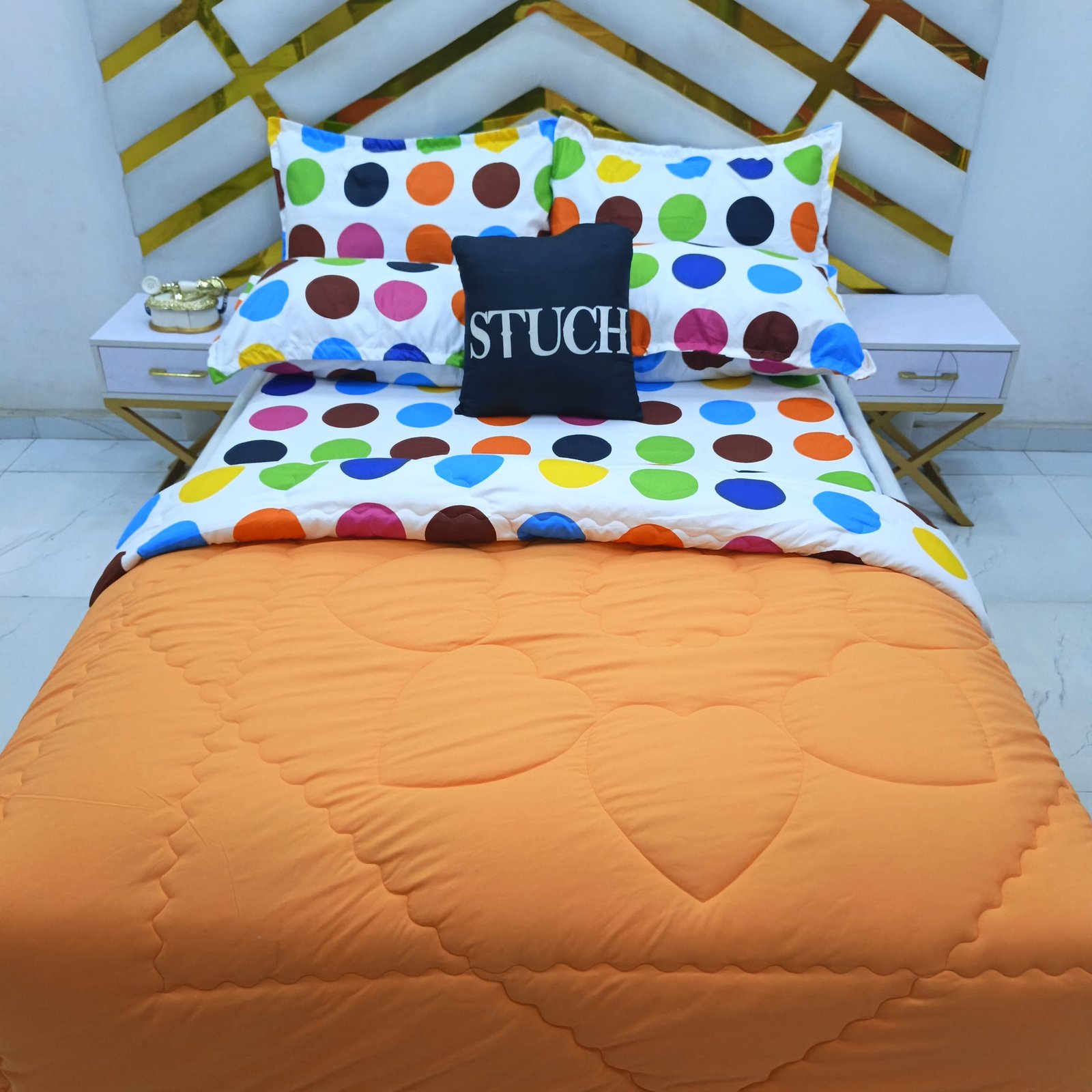 COMBINED ORANGE WITH MULIT COLOR BIG POLKA 7/7 DUVET SET