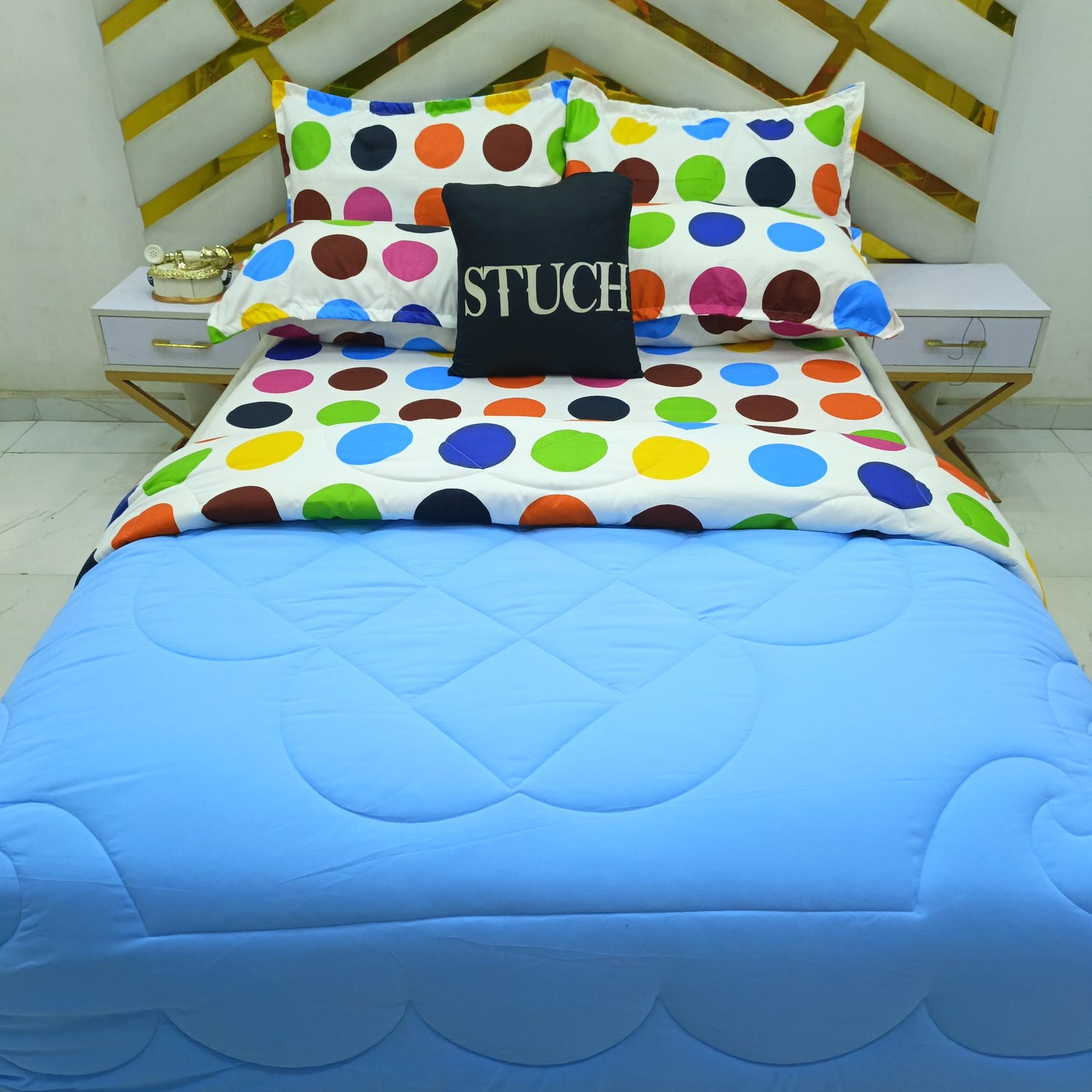 COMBINED LIGHT BLUE WITH MULIT COLOR BIG POLKA 7/7 DUVET SET