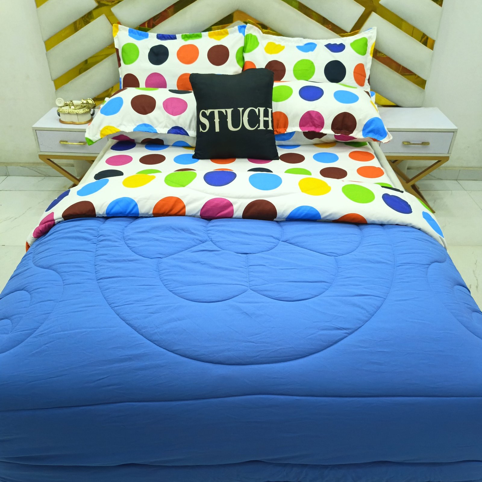COMBINED BLUE WITH MULIT COLOR BIG POLKA 7/7 DUVET SET