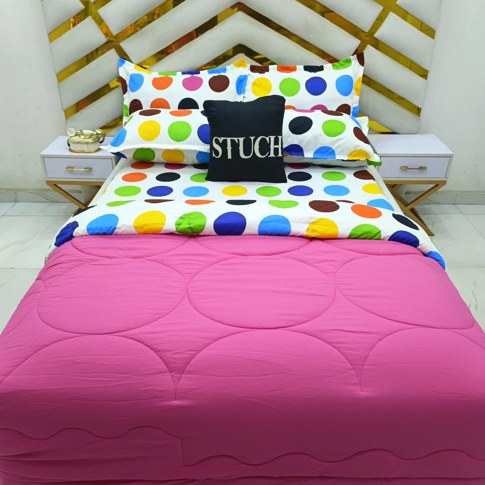 COMBINED PINK WITH MULIT COLOR BIG POLKA 7/7 DUVET SET