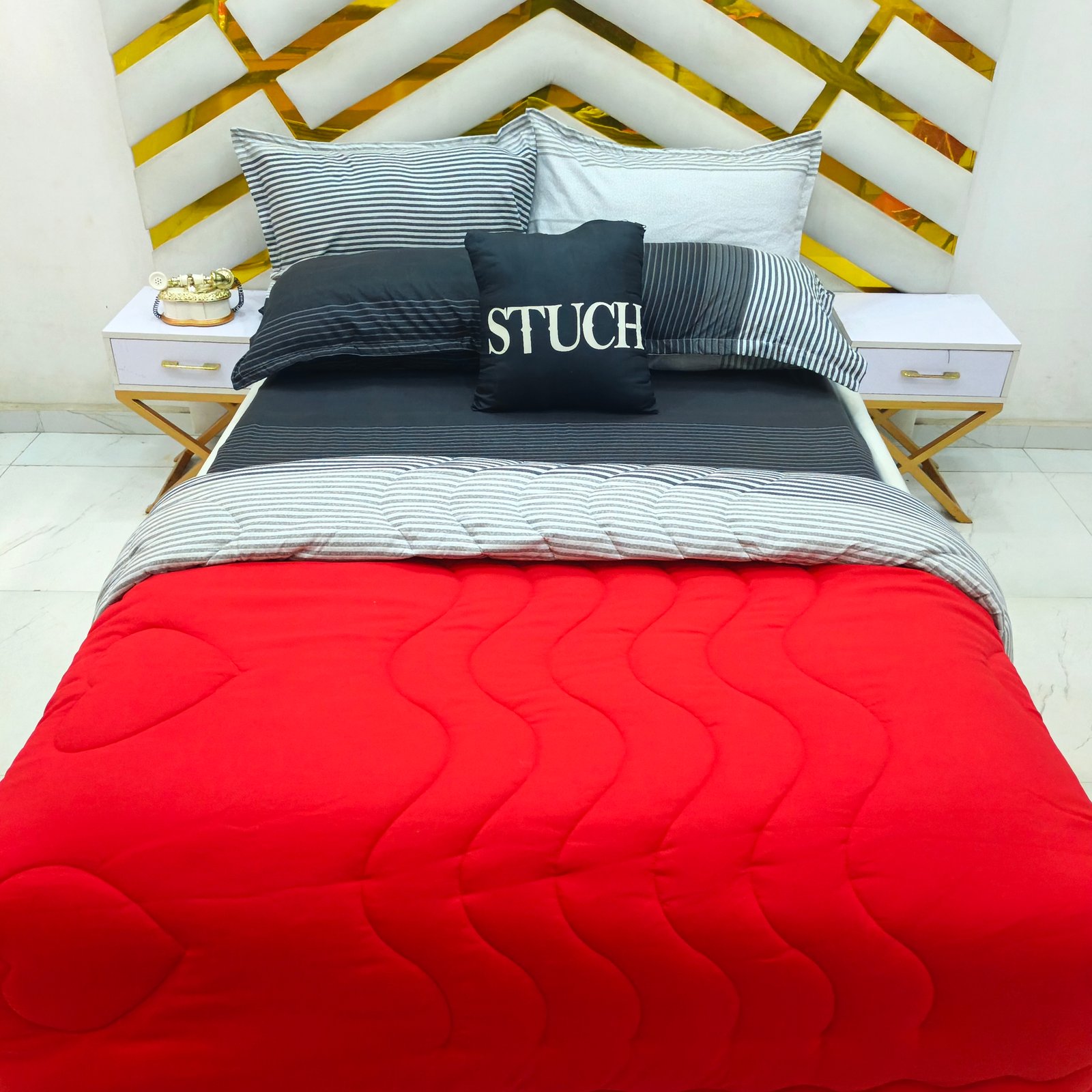 COMBINED RED WITH SOFT ASH STRIPE 7/7 DUVET SET