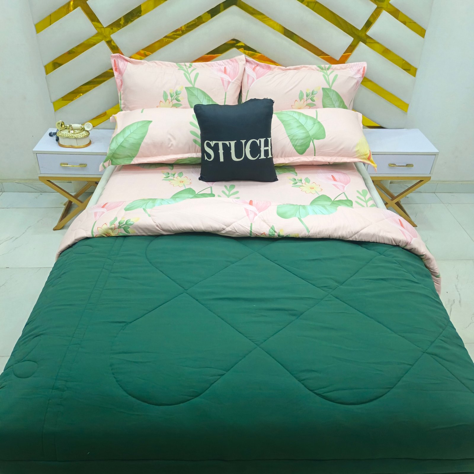 COMBINED DARK EMERALD WITH PEACH FLOWER 7/7 DUVET SET