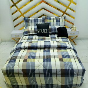 100% EGYPTIAN COTTON NAVY BLUE CHECK 7/7 BEDSHEET WITH FOUR PILLOW CASES AND DUVET COVER (NO FIBER INSIDE)